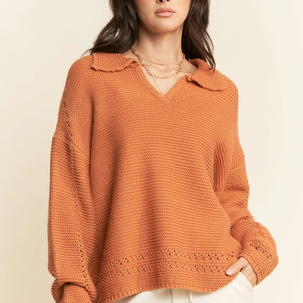 DAVI & DANI Spread Collar V Neck Stitch Relaxed Fit Sweater - Orange Tan