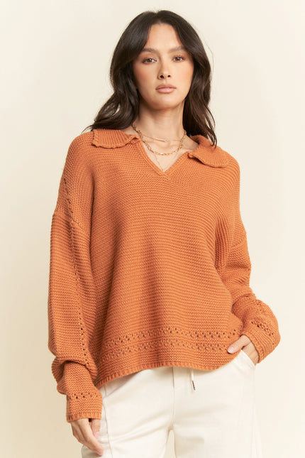 DAVI & DANI Spread Collar V Neck Stitch Relaxed Fit Sweater - Orange Tan