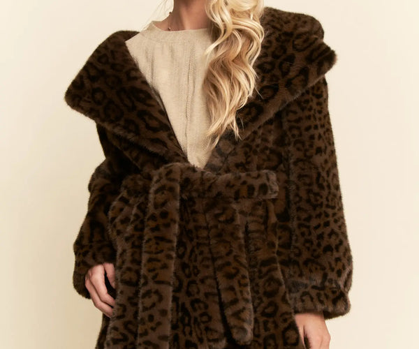 DAVI & DANI Faux Fur Leopard Print Hooded Jacket - Dark Brown (In