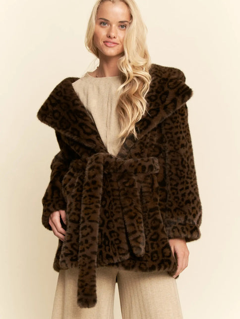 DAVI & DANI Plus Faux Fur Leopard Print Hooded Jacket - Dark Brown