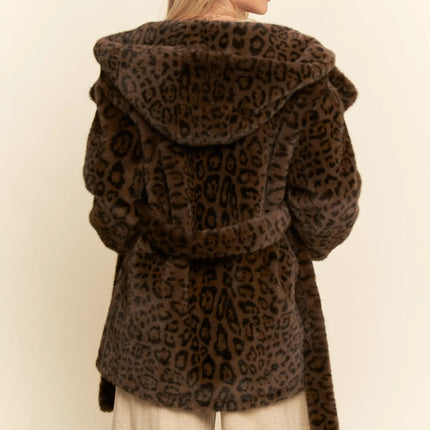 DAVI & DANI  Faux Fur Leopard Print Hooded Jacket - Dark Brown (In Standard and Plus Sizes)