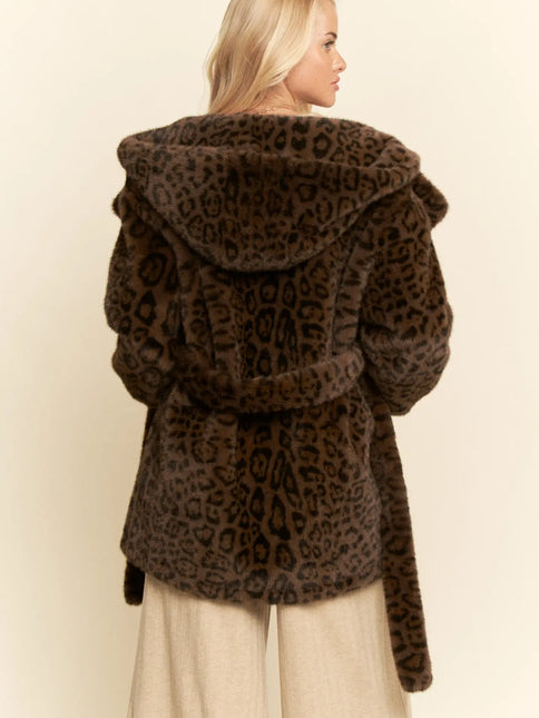 DAVI & DANI Plus Faux Fur Leopard Print Hooded Jacket - Dark Brown