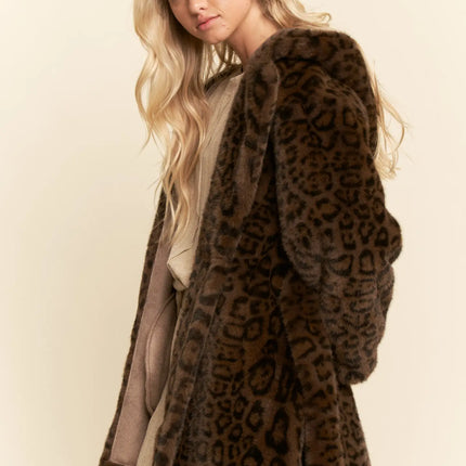DAVI & DANI  Faux Fur Leopard Print Hooded Jacket - Dark Brown (In Standard and Plus Sizes)