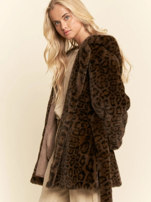 DAVI & DANI Plus Faux Fur Leopard Print Hooded Jacket - Dark Brown