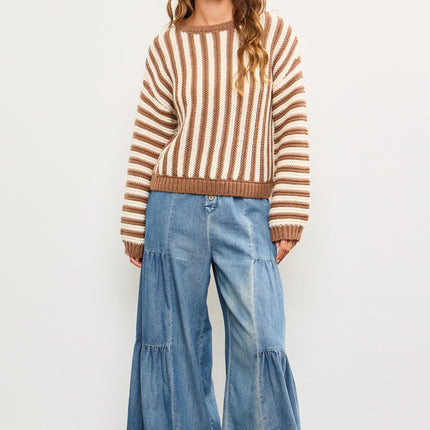 MUSTARD SEED Oversized Crew Neck Striped Heavy Sweater Top - Mocha