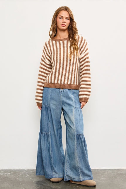 MUSTARD SEED Oversized Crew Neck Striped Heavy Sweater Top - Mocha