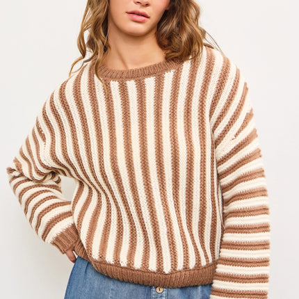 MUSTARD SEED Oversized Crew Neck Striped Heavy Sweater Top - Mocha