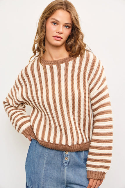MUSTARD SEED Oversized Crew Neck Striped Heavy Sweater Top - Mocha