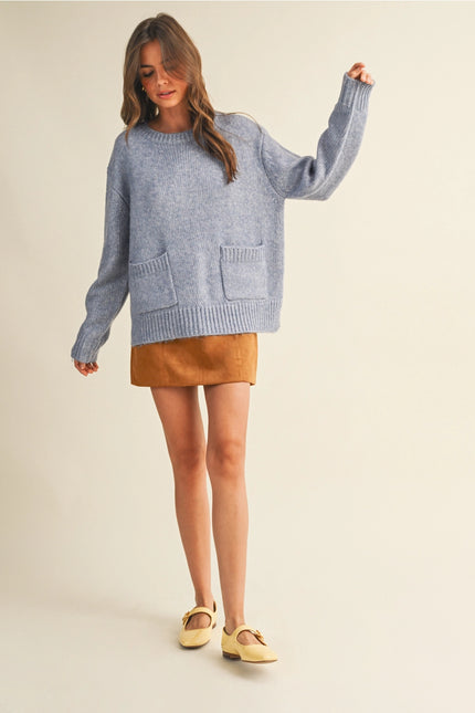MUSTARD SEED Front Patch Pocket Sweater Top - Light Denim