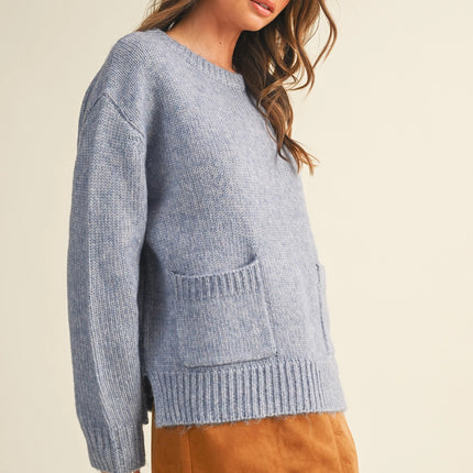 MUSTARD SEED Front Patch Pocket Sweater Top - Light Denim