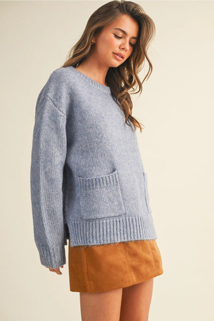 MUSTARD SEED Front Patch Pocket Sweater Top - Light Denim