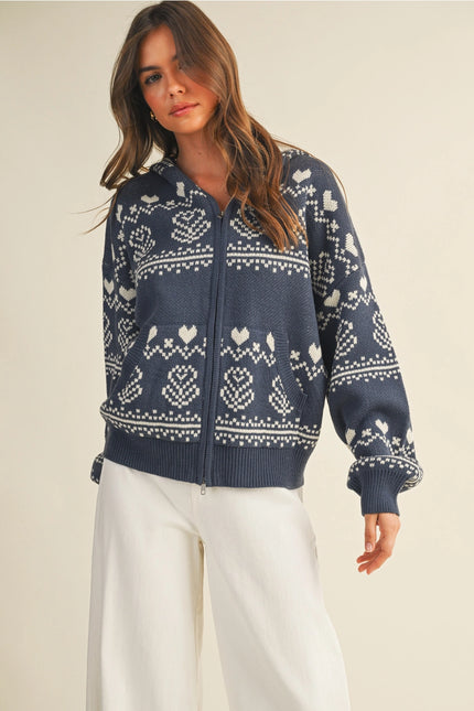MUSTARD SEED Nordic Jacquard Sweater Hood Zip Up Jacket - Denim