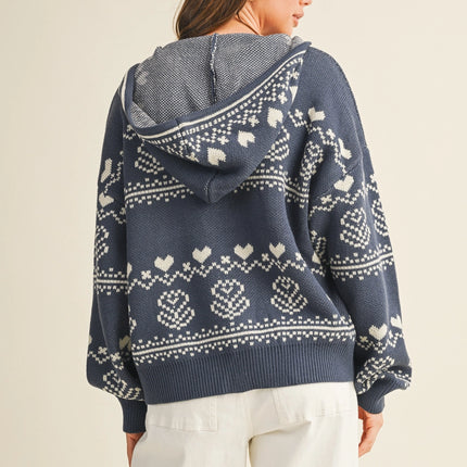 MUSTARD SEED Nordic Jacquard Sweater Hood Zip Up Jacket - Denim