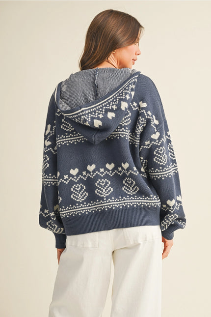 MUSTARD SEED Nordic Jacquard Sweater Hood Zip Up Jacket - Denim