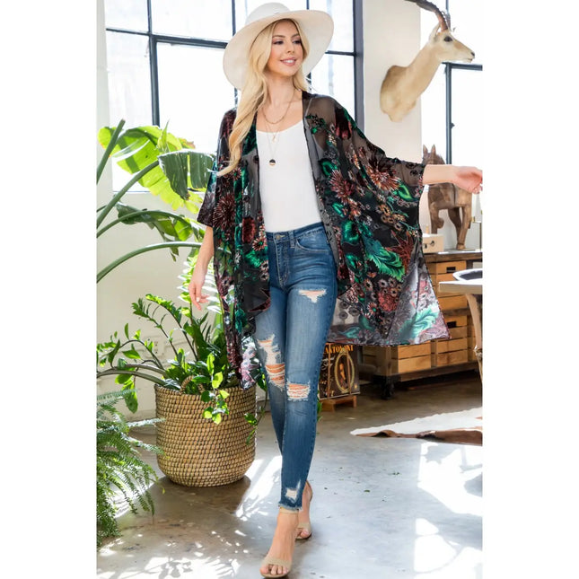 LA SOUL Floral Print Vintage Velvet Kimono