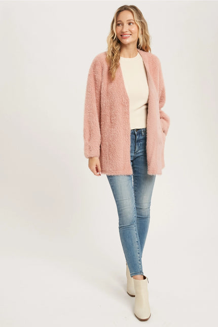 BLUIVY Fuzzy Knit Balloon Sleeves Jacket - Dusty Pink