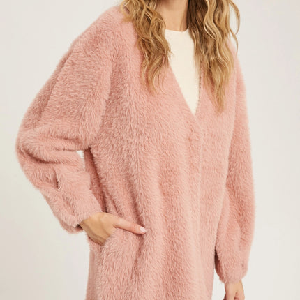 BLUIVY Fuzzy Knit Balloon Sleeves Jacket - Dusty Pink