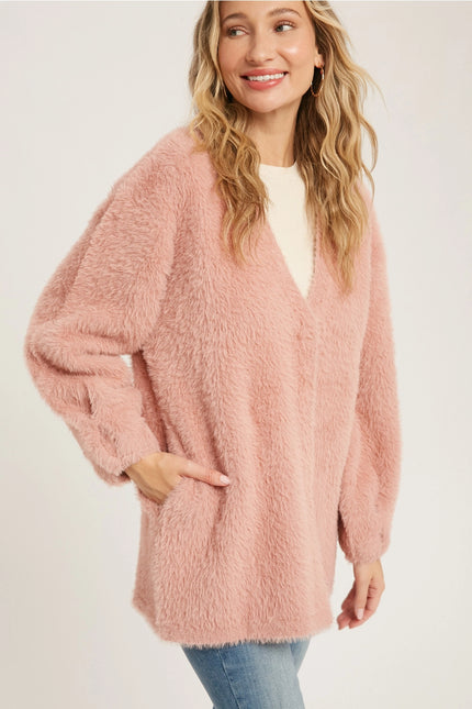 BLUIVY Fuzzy Knit Balloon Sleeves Jacket - Dusty Pink