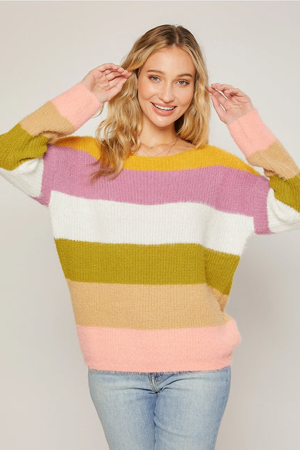 BLUIVY Fuzzy Knit Color Block Pullover - Mustard Mauve