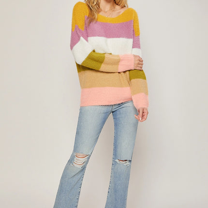 BLUIVY Fuzzy Knit Color Block Pullover - Mustard Mauve