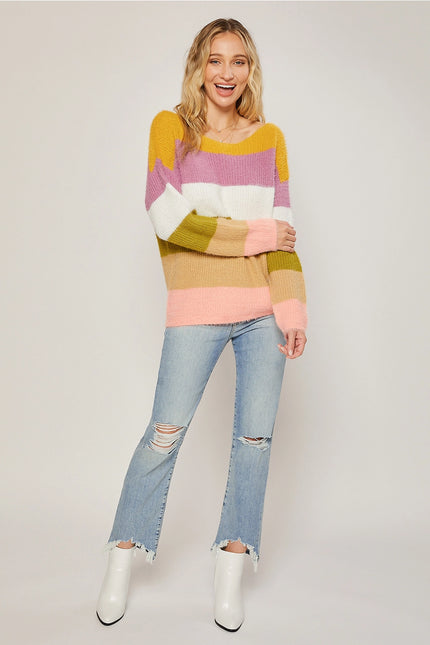BLUIVY Fuzzy Knit Color Block Pullover - Mustard Mauve