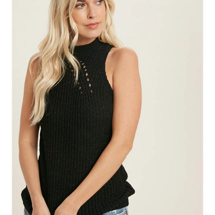 BLUIVY High Neck Knitted Sleeveless Top - Black