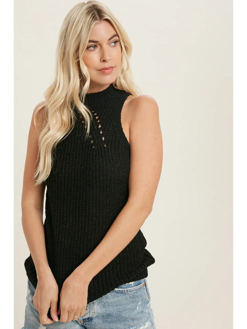 BLUIVY High Neck Knitted Sleeveless Top - Black