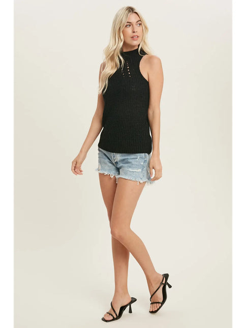 BLUIVY High Neck Knitted Sleeveless Top - Black