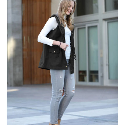 42 POPS Drawstring Waist Military Hoodie Vest with Pockets - BLACK