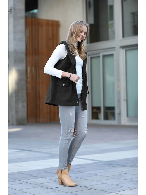 42 POPS Drawstring Waist Military Hoodie Vest with Pockets - BLACK