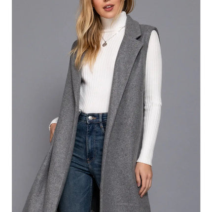 42 POPS Sleeveless Notched Collar Soft Open Vest - HEATHER GREY