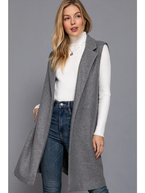42 POPS Sleeveless Notched Collar Soft Open Vest - HEATHER GREY