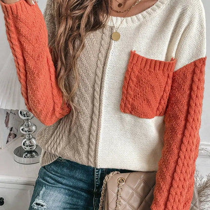 LOVESOFT Gold Flame Colorblock Patched Pocket Drop Shoulder Sweater