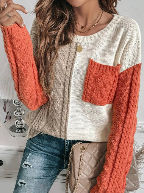 LOVESOFT Gold Flame Colorblock Patched Pocket Drop Shoulder Sweater
