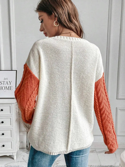LOVESOFT Gold Flame Colorblock Patched Pocket Drop Shoulder Sweater