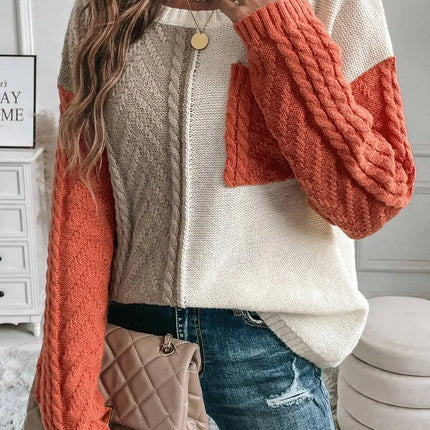 LOVESOFT Gold Flame Colorblock Patched Pocket Drop Shoulder Sweater