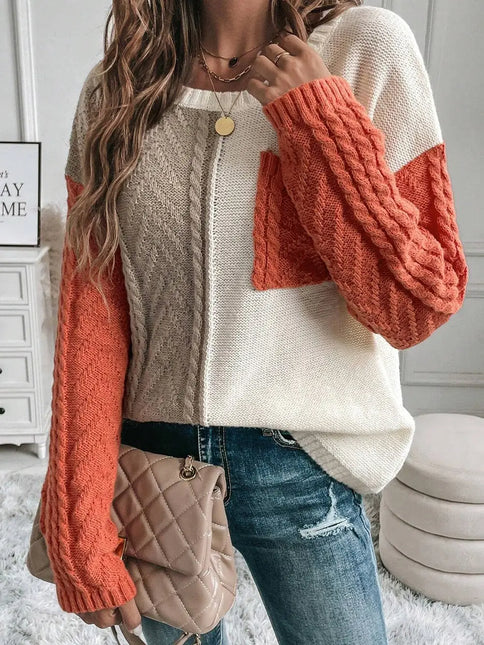 LOVESOFT Gold Flame Colorblock Patched Pocket Drop Shoulder Sweater