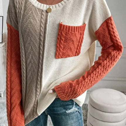 LOVESOFT Gold Flame Colorblock Patched Pocket Drop Shoulder Sweater