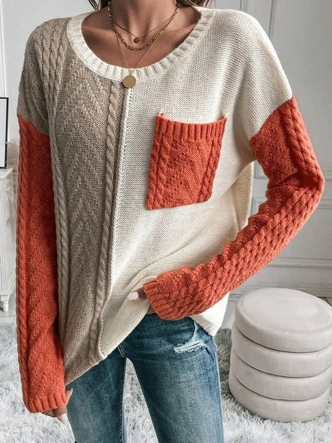 LOVESOFT Gold Flame Colorblock Patched Pocket Drop Shoulder Sweater