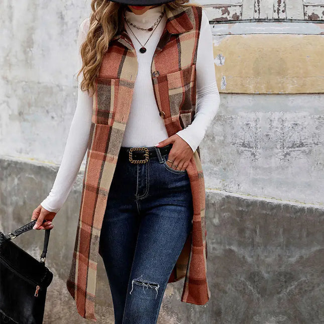 LOVESOFT Sleeveless Lapel Cardigan Jacket Retro Plaid Vest - Orange Coffee