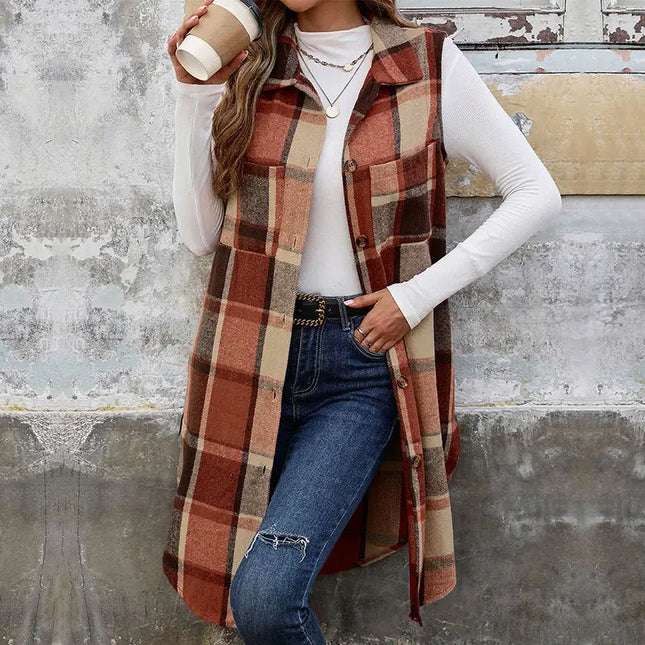 LOVESOFT Sleeveless Lapel Cardigan Jacket Retro Plaid Vest - Orange Coffee