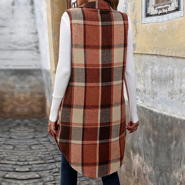 LOVESOFT Sleeveless Lapel Cardigan Jacket Retro Plaid Vest - Orange Coffee