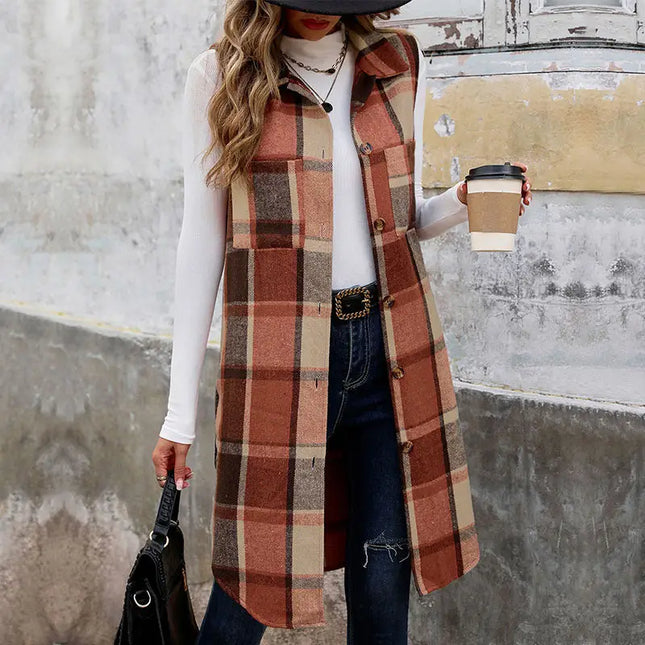 LOVESOFT Sleeveless Lapel Cardigan Jacket Retro Plaid Vest - Orange Coffee