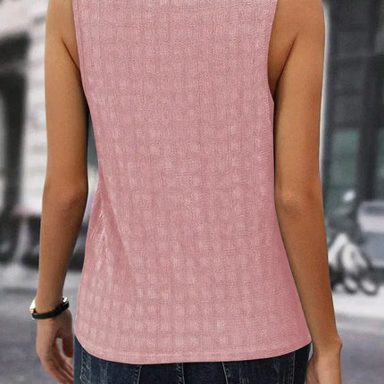 LOVESOFT Solid Color Lattice-Textured Split Neck Sleeveless Top