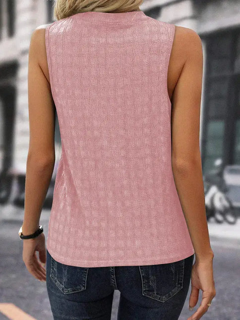 LOVESOFT Solid Color Lattice-Textured Split Neck Sleeveless Top
