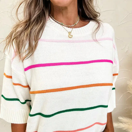 LOVESOFT Colorblock Striped Half Sleeve Drop Shoulder Sweater - White