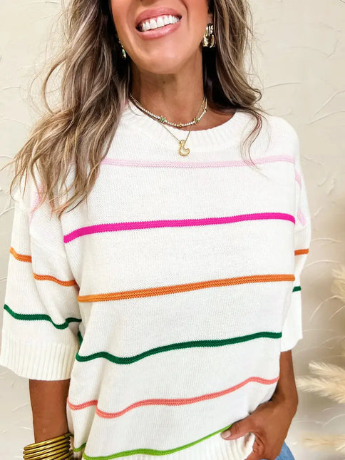 LOVESOFT Colorblock Striped Half Sleeve Drop Shoulder Sweater - White