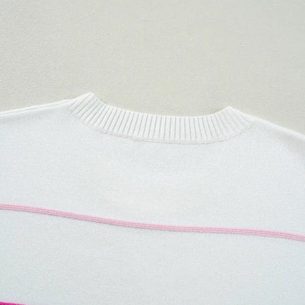 LOVESOFT Colorblock Striped Half Sleeve Drop Shoulder Sweater - White