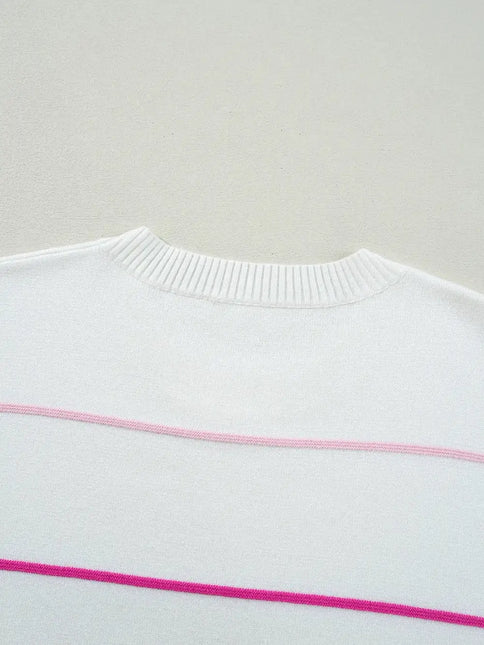 LOVESOFT Colorblock Striped Half Sleeve Drop Shoulder Sweater - White