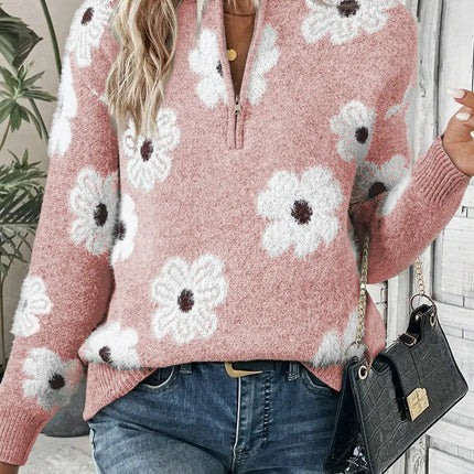LOVESOFT Women's Floral Pattern Half Zip Drop Shoulder Sweater